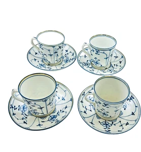 Set Four Antique German Thuringia Blue White Immortelle Porcelain Cups & Saucers - Picture 1 of 6