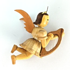 Angelo in legno intagliato che suona arpa ornamento natalizio in miniatura | Vintage Germania? - Foto 1 di 6