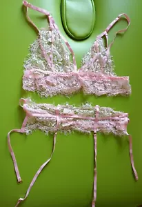 Sujetador y cinturón con tirantes de encaje largo transparente sin alambres rosa grande sin marca - Imagen 1 de 4