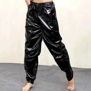 Men Mid Waist Shiny Faux Latex Leather Loose Hiphop Pants Stretch PVC Trousers - Picture 1 of 7