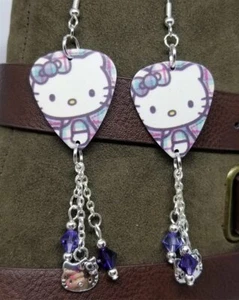 Hello Kitty Guitar Pick Earrings with Charm and Purple Swarovski Crystal Dangle - Picture 1 of 4