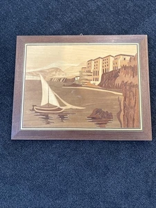 Holzintarsien Intarsien Kunstwerk Sorrent Italien Segelboot Küste Meer Plakette - Bild 1 von 7