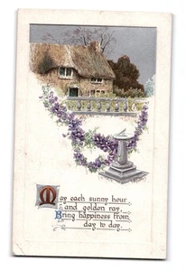Encantadora casa de campo con techo de paja rodeada de flores, postal - Imagen 1 de 2