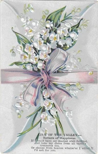 Vintage Greetings Postcard Embossed Return Happiness Lily Valley Pink Ribbon - Picture 1 of 2