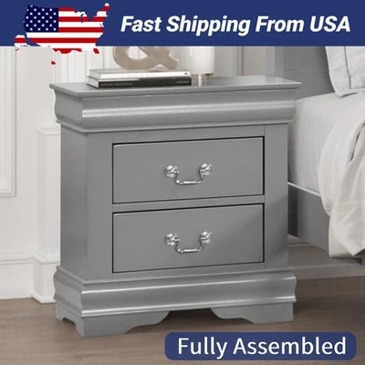 Fully-assembled Gray Wooden Nightstand with Drawers for Bedroom Storage - Image 1 of 4