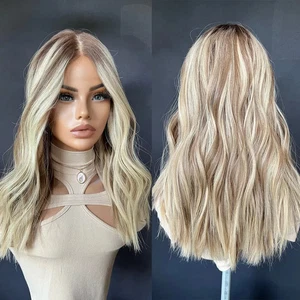 100% Human Hair Ombre Ash Blonde with Sandy Blonde Highlight Lace Front Wave Wig - Picture 1 of 5