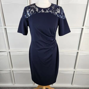 Adrianna Papell Navy Dress Size 14 Lace Floral Embroidered Detail Formal Wedding - Picture 1 of 17