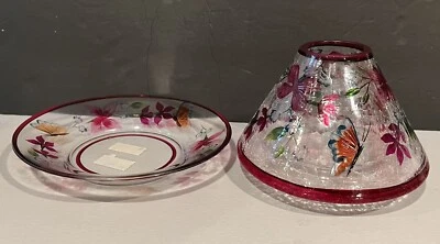 Yankee Candle Flowers Mariposa Candle Shade Topper Crackle Glass & Plate Hand P Foto 1 de 4