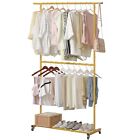 Double Rod Clothing Garment Rack, Rolling Clothes Organizer on Wheels for Han...