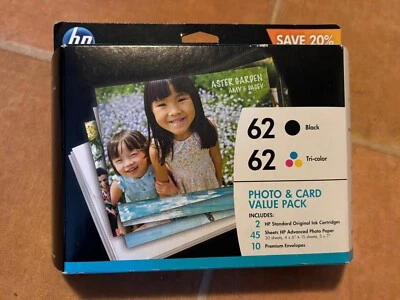 HP Cartridges & Photo Paper Kit: Model 62, Black, Tri-color  Sealed Exp Nov 2017 - Image 1 of 4