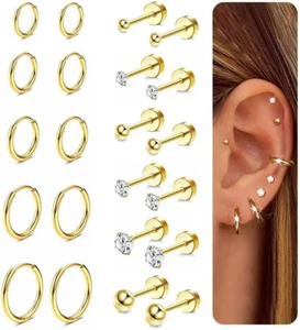 Small Hypoallergenic Flat Back Stud Earrings for Women Men 14K Gold Plated Surgi - Picture 1 of 12