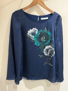 Jacques Vert Top Size 8 Navy Satin Floral Long Sleeve Blouse Formal Occasion - Picture 1 of 11