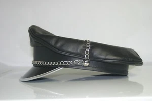 Black Genuine Leather Biker Army Fetish silver Peak Muir chain cap