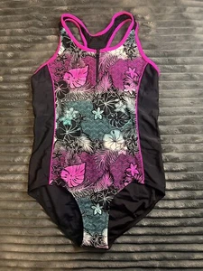 ZeroXposur Girls Zipper Front Swimsuit One Piece Size 12 Black and Pink - Picture 1 of 7
