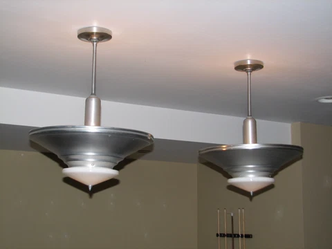 (2) Pendent Lights, Aluminum, Art Deco, Mid Century, Eames, Vintage, Excellent Cover