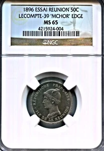Reunion - 1896 50 centimes ESSAI Very Rare Lecompte 39 "Mchor" NGC SP65 - Picture 1 of 2