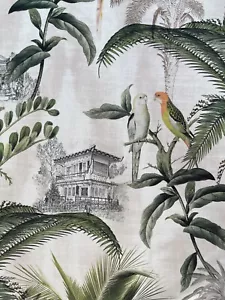 Pagoda Parrots Oriental Inspired Velvet Fabric Vintage Style Palm Tree Greenery - Picture 1 of 20