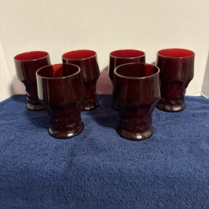 Vintage MCM Set Of Six 6 Ruby Red Anchor Hocking Georgian Honeycomb Tumblers USA - Picture 1 of 5