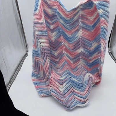 VTG Crocheted Afghan  32" x 35"  White Pink Blue Shabby Chic Granny Cottagecare - Image 1 of 4