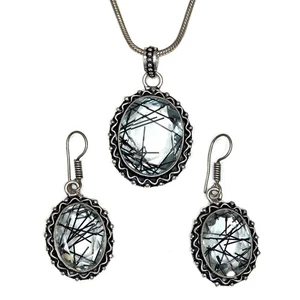 Black Rutile Set  Pendant  Jewelry Earring 18-20'' Gemstone Handmade - Picture 1 of 12