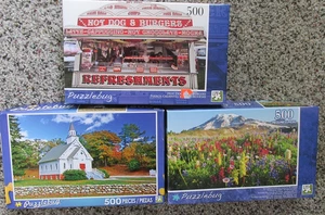 Puzzlebug Puzzles 500 Pieces Lot of 3 Mt Rainier Wildflowers Hot Dogs Church - Picture 1 of 2