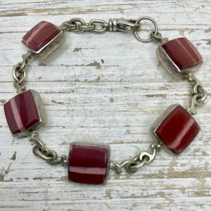 Vintage signiertes roter Jaspis Sterlingsilber 925 Gliederarmband 6 1/2" x 1/2" Handarbeit - Bild 1 von 10