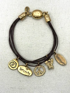Chicos Five Strand Brown Leather Cords Gold Plated PEACE Charms Bracelet 7 Inch - Picture 1 of 20