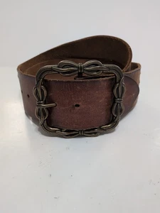 Vintage 2.25" Wide Brown Leather Women's Belt Size 36-38 Brass Bow Buckle Nice - Picture 1 of 10