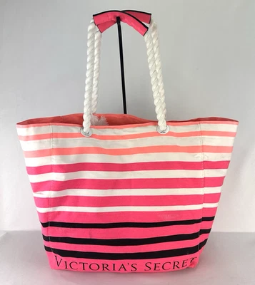 Bolso de Mano Victoria's Secret 2018 Grande de Lona a Rayas Blanco Mango de Cuerda Playa 15" Foto 1 de 4