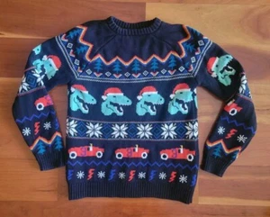 Hanna Anderson Christmas Sweater Boy's Size 140cm Us 10 Dinosaurs Cars Cotton - Picture 1 of 6
