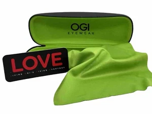 NEW OGI Eyewear Hard Eyeglasses Clamshell Case Spring Hinge Black Green W/cloth - Picture 1 of 7