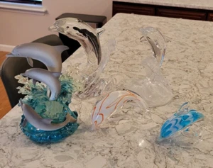 Lenox Dolphin 1995 Fine Crystal Jumping Blue Orange Gray White Clear Set of 5 - Picture 1 of 19