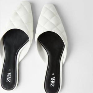 NWT Women Zara Quilted Flat Square Toe Mules Sandal Slip On White EU 37 US 6.5