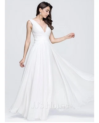 Abito da sposa lungo in tessuto di seta con scollo a V e pieghe, taglia UK... - Immagine 1 di 4