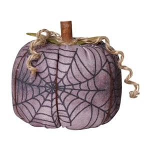 Primitive Halloween PUMPKIN - Purple SPIDER WEB Fabric - Real Wood Stem 4x5" - Picture 1 of 1