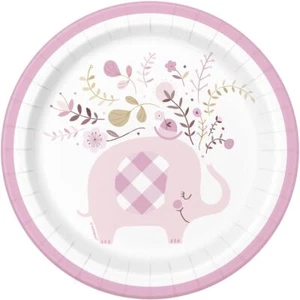 Pink Floral Elephant 8 Ct Cake Dessert Plates 7" Girl Baby Shower  - Picture 1 of 1