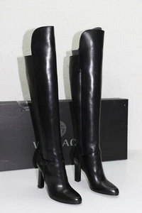 $1695 Designer VERSACE Women's Black Over Knee High Leather Signature Boots 36 - Picture 1 of 11