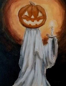 Original Ghost Painting Thayer Art OOAK Pumpkin Canvas Halloween Not A Print - Picture 1 of 6
