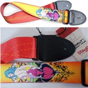 Terylene Guitar Strap Leather Ends Width 5cm / 2" Pinup Girl pattern [EU stock]  - Picture 1 of 5