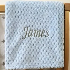 PERSONALISED BABY WAFFLE BLANKET BLUE GREY FONT SOFT NEWBORN CHRISTENING SHOWER - Picture 1 of 3