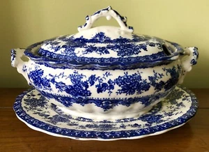 Antique 1890 Keeling&Co Late Mayers Blue WATFORD Transferware Sauce Tureen Stand - Picture 1 of 12