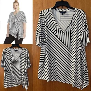 RACHEL ROY Asymmetric Tunic Striped Top 2X Jersey Stretch V-Neck Plus Size 2X - Picture 1 of 9
