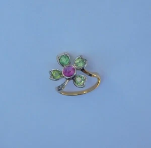 Incredible Art Nouveau Clover Flower Ruby Peridot Platinum 18K Gold Diamond Ring - Picture 1 of 11