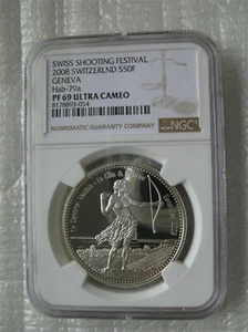 Switzerland 50 Francs 2008 Silver Proof Coin Geneva Shooting Festival NGC PF69 - Picture 1 of 4