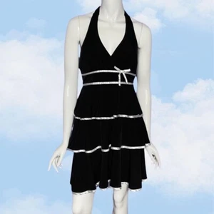 Vintage 90s Y2K IZ Byer Halter Layered Silver Bow Ribbon Mini Dress Size M - Picture 1 of 5