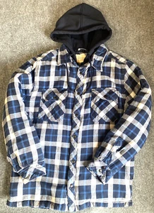 Boston Traders Jacket Shacket Men Medium Blue White Plaid Quilted Hooded Flannel - Picture 1 of 11