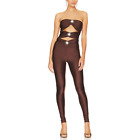 Ronny Kobo Delrey Strapless Catsuit Brown XS Rhinestone Broach Cocktail Flawed