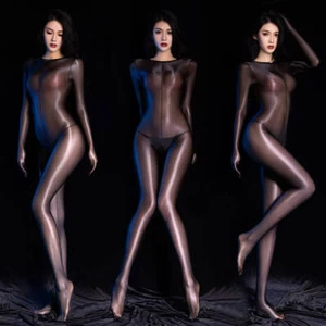 Women's Sheer Oil Shiny Glossy Bodysuit Crotchless Catsuit Nylon Footed Jumpsuit - Picture 1 of 19