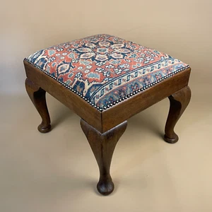 Antique Wooden Stool Upholstered Carpet Kilim Wood Cottage Furniture Studded - Picture 1 of 12