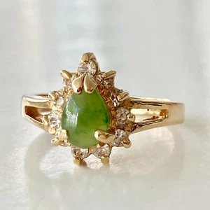 Vintage Gold Green Jade Cocktail Ring Size 7 9 10 Semiprecious Pear Cut Gemstone - Picture 1 of 11